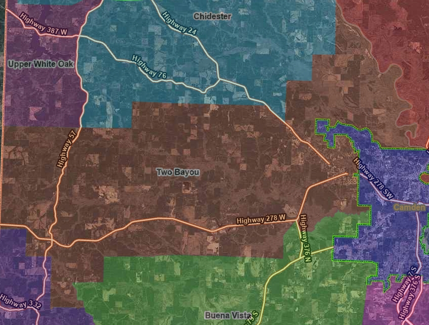 Wide district map for Two Bayou Volunteer Fire Department